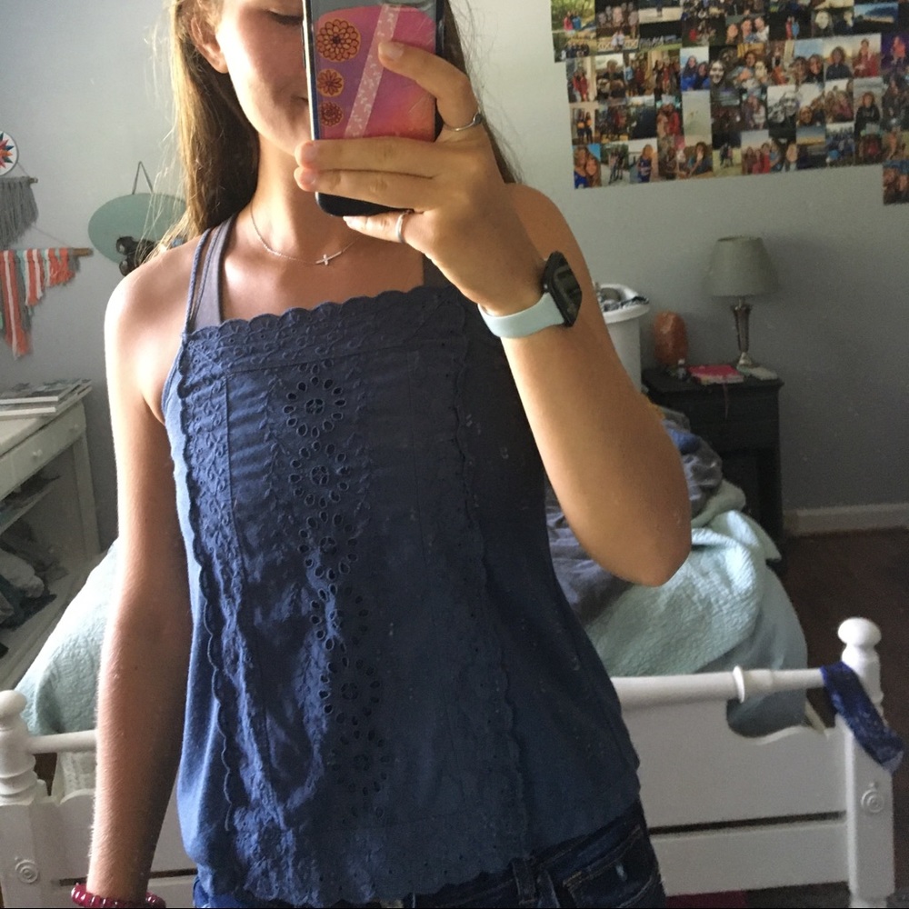 Blue embroidered tank top